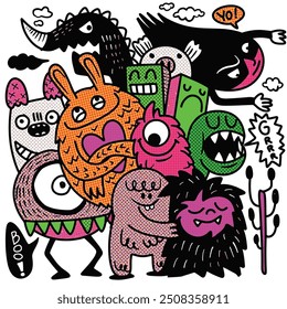 A vibrant collection of quirky cartoon monsters interacting playfully, featuring bold colors and expressive faces, with Halftone effect for a retro comic feel.
