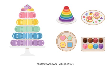 A vibrant collection of rainbow-themed desserts including a macaron tower, layered cake, donuts, cookies, and chocolates.
