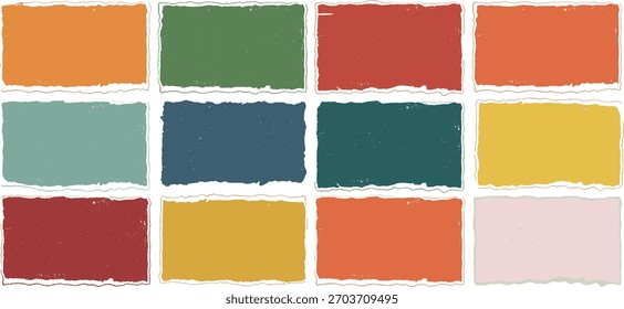 A vibrant collection of rectangular paint swatches in various colors, each featuring a distressed, torn-paper-like edge, arranged neatly against a clean white background.