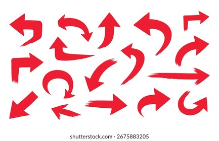 Eine lebendige Sammlung roter Pfeile, die jeweils eine unterschiedliche Form und Richtung aufweisen und mit einem Pinselstrich dargestellt werden. Diese Pfeile eignen sich perfekt für die Anzeige von Bewegungen, Auswahlmöglichkeiten oder Navigation auf einem sauberen Weg