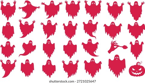 Uma coleção vibrante de silhuetas de fantasmas vermelhos em várias poses assustadoras, ao lado de uma mão assustadora e um jack-o'-lanterna esculpido, perfeito para festividades e decorações de Halloween.