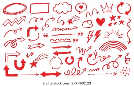 A vibrant collection of red hand-drawn doodles and icons, including arrows, shapes, stars, a cloud, a heart, a crown, lightning bolts, a rainbow, and quote marks, all isolated on a clean white backgro