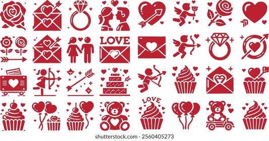 vibrant collection of red Valentine's Day-themed icons featuring hearts, roses, love letters, rings, couples, and cupcakes. Perfect for romantic designs and holiday celebrations