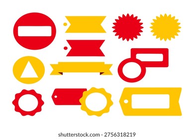 A vibrant collection of red and yellow graphic design elements, including various shapes like ribbons, circular badges, starbursts, and tags, presented on a clean white background, ideal for promotional materials or web design.