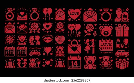 A vibrant collection of red-themed icons representing love, romance, and special occasions, perfect for celebrating Valentine's Day and expressing affection