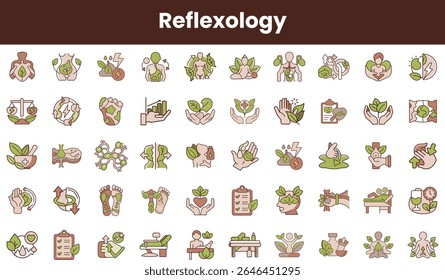 A vibrant collection of reflexology icons featuring natural elements, hands, and symbols of wellness, conveying a message of healing and holistic care.