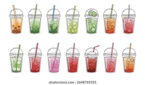 Coleção vibrante de bebidas refrescantes aromatizadas com pérolas de tapioca e canudos em copos plásticos claros perfeitos para bebidas de verão e refrescos