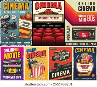 A vibrant collection of retro cinema posters highlights various genres like action comedy drama and horror. Each design reflects the charm of 80s movie culture and online viewing.