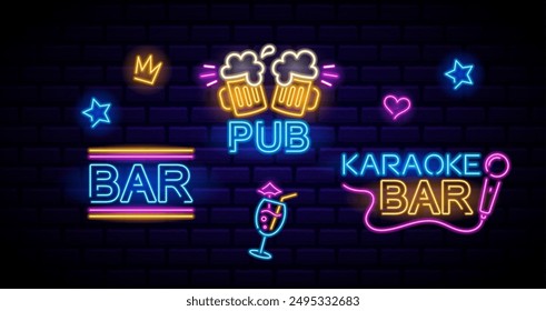 Vibrant Collection Of Retro Neon Signs For Bar, Pub And Karaoke Bar. Vector Illustration Featuring Colorful Neon Lights