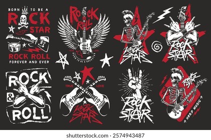 A vibrant collection of rock star-themed graphics showcases skeletons playing guitars intricate designs featuring stars and musical symbols embodying the spirit of rock and roll.