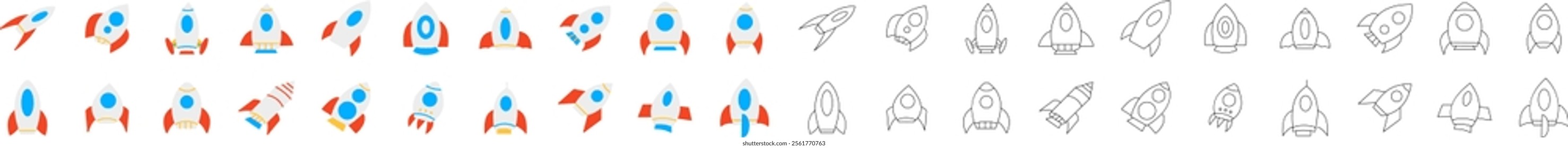 A vibrant collection of rocket icons in red, blue, and white, with bold and outline styles. Representing innovation, startups, space exploration, and growth, ideal for branding and tech projects.