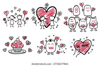 colección vibrante de personajes románticos y objetos que expresan amor y sentimientos de felicidad