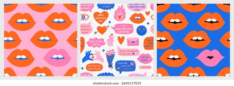 Uma coleção vibrante de padrões vetoriais sem emenda inspirados pela estética do amor retrô. Perfeito para projetos do Dia dos Namorados, papel de presente, cartões, cartazes, mídias sociais e design têxtil.
