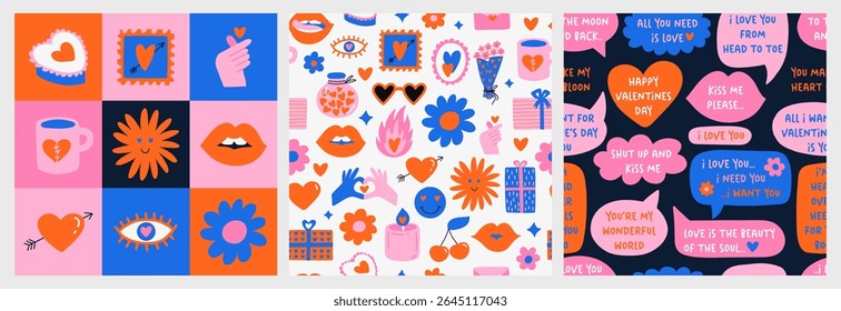 Uma coleção vibrante de padrões vetoriais sem emenda inspirados pela estética do amor retrô. Perfeito para projetos do Dia dos Namorados, papel de presente, cartões, cartazes, mídias sociais e design têxtil.

