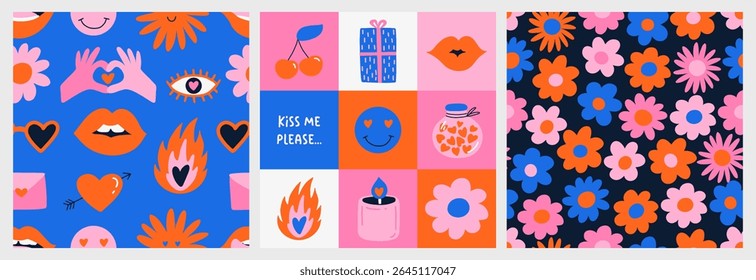 Uma coleção vibrante de padrões vetoriais sem emenda inspirados pela estética do amor retrô. Perfeito para projetos do Dia dos Namorados, papel de presente, cartões, cartazes, mídias sociais e design têxtil.
