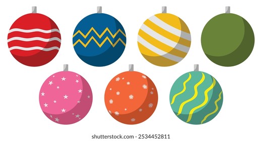 A vibrant collection of seven baubles in a variety of colors, perfect for adding a festive touch to your holiday decorations