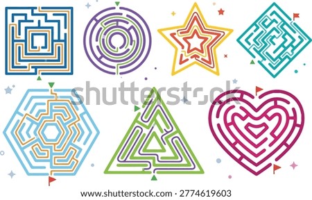 A vibrant collection of seven unique mazes in various shapes including square, circle, star, triangle, hexagon, and heart. Each maze features colorful pathways and distinct entry and exit points, presenting diverse visual challenges and conceptual ideas for problem-solving and strategic thinking. These abstract illustrations offer versatile applications for puzzles and design.