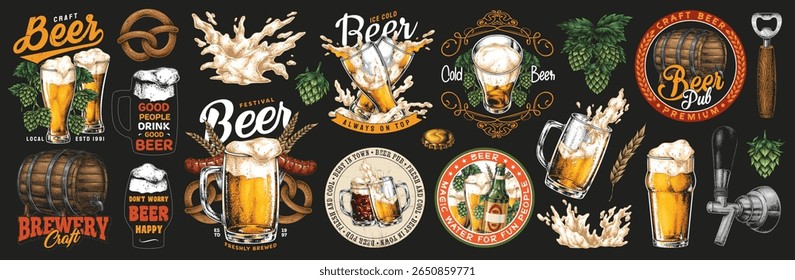 Uma coleção vibrante mostrando canecas de etiquetas de cerveja artesanal cheias de cerveja e elementos associados à cultura da cerveja. Ele captura a essência da cerveja e do prazer em vários locais.