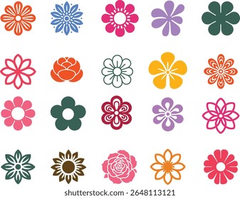 Eine lebendige Kollektion, die verschiedene Blumenarten in einem Farbenspektrum präsentiert, perfekt, um verschiedenen Designprojekten natürliche Schönheit und botanischen Charme hinzuzufügen.