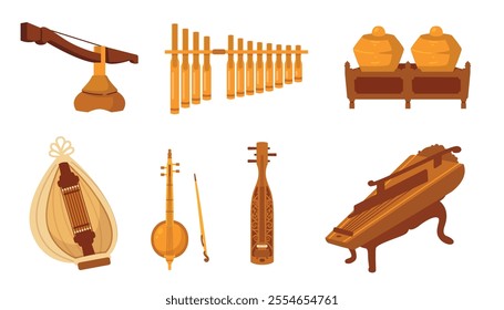 A vibrant collection showcasing various traditional Indonesian musical instruments.  Rich in culture and history.