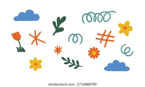 A vibrant collection of simple, hand-drawn style vector elements including clouds, flowers, leaves, and abstract squiggles, presented on a clean white background.