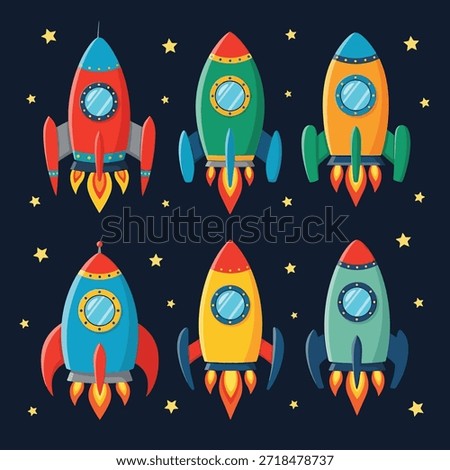 Vibrant collection of six cartoon rockets in various colors (red, green, orange, blue, yellow, teal) launching with fiery exhausts against a starry dark blue sky.