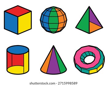 Una colección vibrante de seis Formas geométricas tridimensionales distintas, cada una representada con múltiples colores, aisladas sobre un fondo blanco limpio.