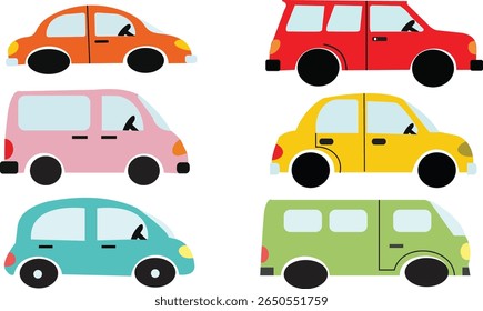  A vibrant collection of six diverse, colorful cartoon cars, including a red SUV, orange sedan, yellow compact, pink minivan, blue hatchback, and green passenger van, 
