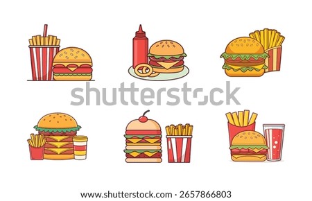 A vibrant collection of six flat-design illustrations featuring classic American fast food: burgers, fries, and soda, presented in a clean, modern style.