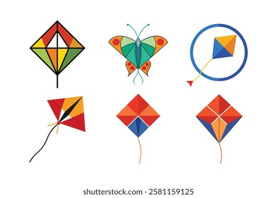 A vibrant collection of six kite vector illustrations featuring geometric patterns, bold colors, and creative designs. This set includes traditional diamond kites, modern abstract styles.
