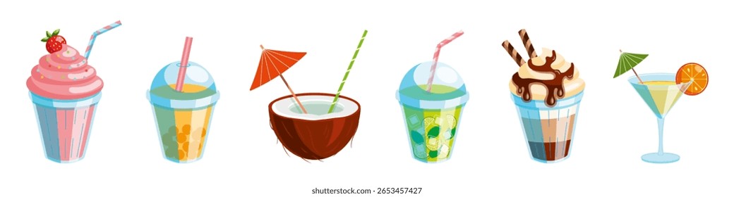 A vibrant collection of six refreshing summer beverages in cartoon style. Includes bubble tea, smoothies, coconut water, mojito, milkshake, and a tropical cocktail. Perfect for menu designs, summer pa