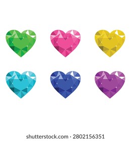 A vibrant collection of six sparkling heart-shaped jewels in various colors, featuring a geometric faceted design. Perfect for love, luxury, celebration, or holiday themes.