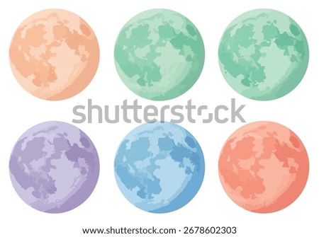 A vibrant collection of six stylized full moons in pastel colors, including orange, green, blue, and purple, presented as celestial body icons on a white background.