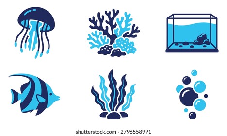 A vibrant collection of six stylized underwater icons featuring a jellyfish, fish, coral, seaweed, bubbles, and an aquarium tank. Perfect for educational materials, marine-themed projects, or website graphics.