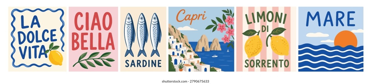 A vibrant collection of six vertical art prints in image_6d64fd.jpg celebrating the Italian coast with a charming, flat-color aesthetic. The series includes playful typography and Mediterranean symbols: 
