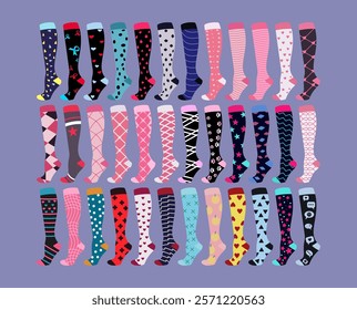 A vibrant collection of sock illustrations in various patterns, colors, and designs. Ideal for fashion projects, clothing catalogs, digital prints, or playful design themes.