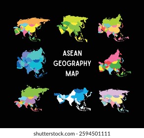 A vibrant collection of Southeast Asia maps, highlighting countries in colorful designs. Perfect for educational materials, travel guides, infographics, and cultural projects