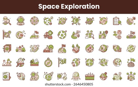 Uma vibrante coleção de ícones de exploração espacial com astronautas, planetas e estrelas, mostrando a diversidade e a aventura de explorar o universo.