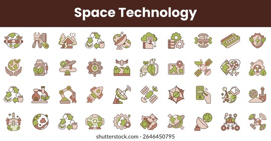 A vibrant collection of space technology icons featuring green and earth tones, representing innovation in sustainability, exploration, and research in outer space.