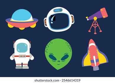 A vibrant collection of space-themed illustrations featuring a UFO, astronaut, alien, telescope, helmet, and rocket. Perfect for sci-fi and educational projects.