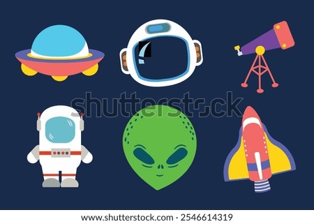A vibrant collection of space-themed illustrations featuring a UFO, astronaut, alien, telescope, helmet, and rocket. Perfect for sci-fi and educational projects.