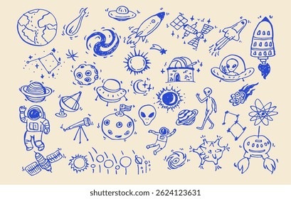 Vibrant collection of space-themed illustrations showcasing planets, rockets, astronauts, aliens, satellites, telescopes, and other celestial elements, capturing the excitement of space exploration.