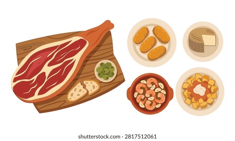 A vibrant collection of Spanish culinary elements, featuring a whole jamon leg on a cutting board with bread and sauce, alongside various tapas dishes including mussels, shrimp, and pasta.