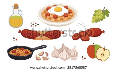 A vibrant collection of Spanish migas breakfast elements including chorizo, fried eggs with potatoes, olive oil, garlic, apples, and grapes.
