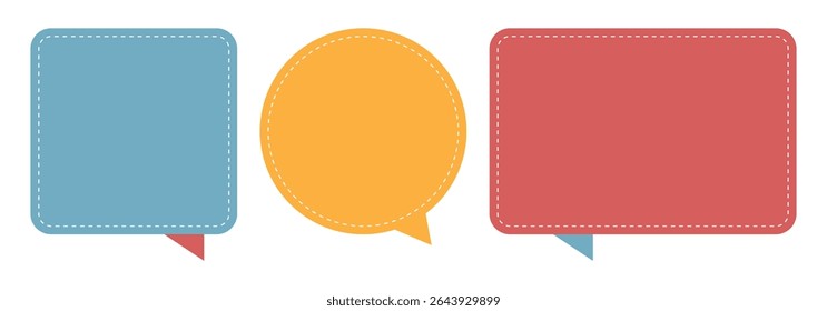  vibrant collection of speech bubble shapes in flat design. Includes square, circular, and rectangular bubbles with dashed borders and colored tails.