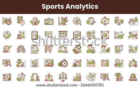 A vibrant collection of sports analytics icons representing data analysis, strategy planning, and performance metrics in sports. Ideal for sports enthusiasts and professionals.