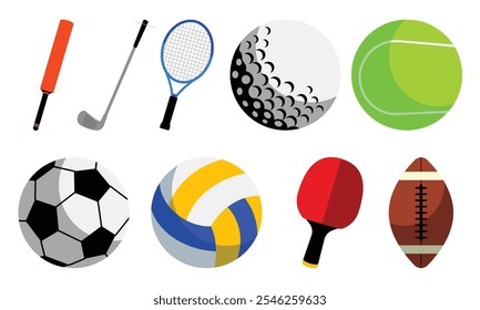 A vibrant collection of sports equipment and balls, including cricket, tennis, golf, soccer, volleyball, and ping-pong, designed in a clean and modern style.