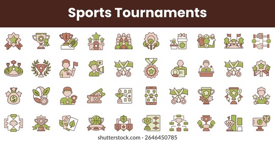 A vibrant collection of sports tournament icons featuring various themes like trophies, medals, athletes, and events, showcasing the spirit of competition in a playful style.