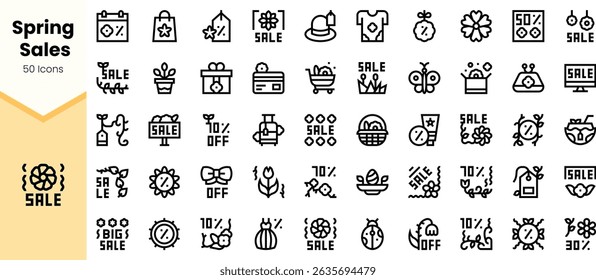 A vibrant collection of spring sale icons featuring diverse designs, including flowers, gifts, and discounts. Perfect for seasonal marketing and promotions.