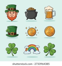 A vibrant collection of St. Patrick's Day themed elements including a leprechaun, pot of gold, beer, hat, coins, rainbow, and shamrocks.